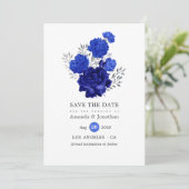 Koninklijk Blauwe en Zilveren Bloemachtige Bruilof Save The Date (Staand voorkant)