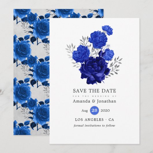 Koninklijk Blauwe en Zilveren Bloemachtige Bruilof Save The Date (Voorkant / Achterkant)