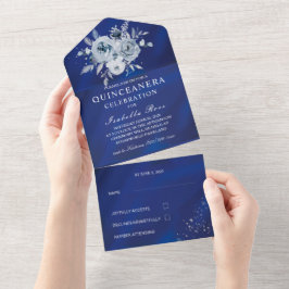 Koninklijk Blauwe en Zilveren Bloemrijke Quinceañe All In One Uitnodiging