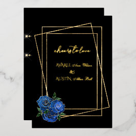 Koninklijk Blauwe Glamrozen en Zwart en Goud Folie Uitnodiging