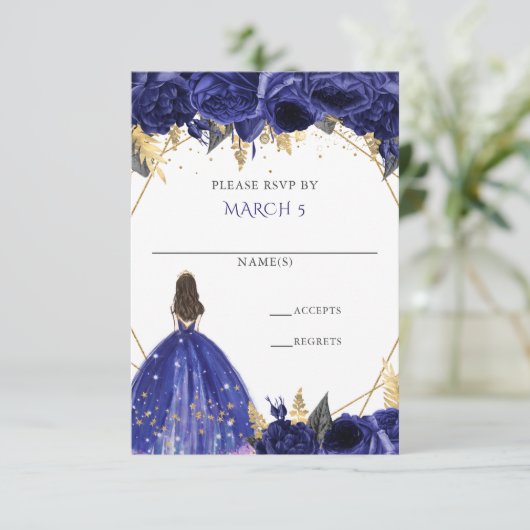 Koninklijk Blauwe Gouden Bloemenkleed Prinses Quin RSVP Kaartje (Staand voorkant)
