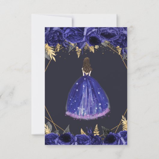 Koninklijk Blauwe Gouden Bloemenkleed Prinses Quin RSVP Kaartje (Achterkant)