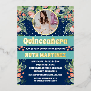 Koninklijk Blauwe Gouden Bloemige Quinceanera Fees Folie Uitnodiging