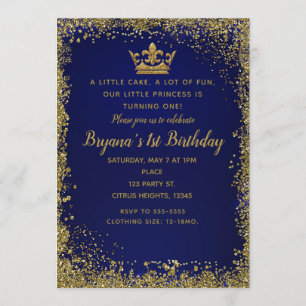 Koninklijk Blauwe & Gouden Glitter Kroon 1e Verjaa Kaart