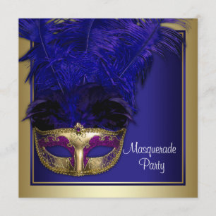 Koninklijk blauwe gouden maskeradefeest uitnodigin kaart