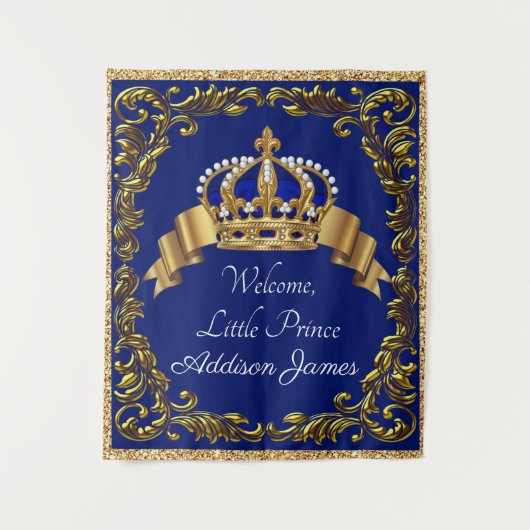 Koninklijk blauwe gouden prins baby shower achterg wandkleed (Voorkant)