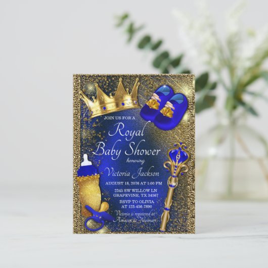 Koninklijk blauwe gouden prins baby shower uitnodi briefkaart (Staand voorkant)