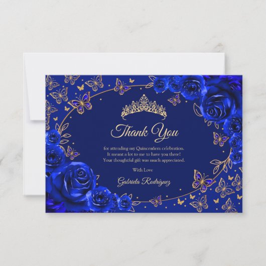 Koninklijk Blauwe Gouden Quinceanera Bedankkaart (Voorkant)