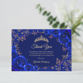 Koninklijk Blauwe Gouden Quinceanera Bedankkaart (Staand voorkant)
