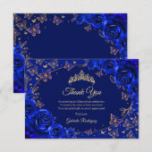 Koninklijk Blauwe Gouden Quinceanera Bedankkaart (Voorkant / Achterkant)