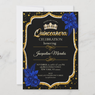 Koninklijk blauwe gouden Quinceañera uitnodiging