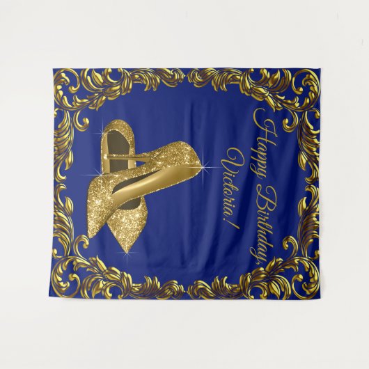 Koninklijk blauwe gouden schoen verjaardagsfeest L Wandkleed (Voorkant (horizontaal))