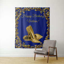 Koninklijk blauwe gouden schoen verjaardagsfeest L Wandkleed