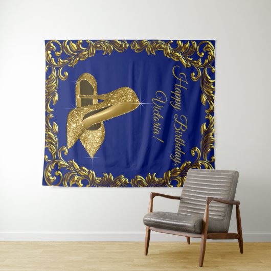 Koninklijk blauwe gouden schoen verjaardagsfeest L Wandkleed (In Situ (horizontaal))