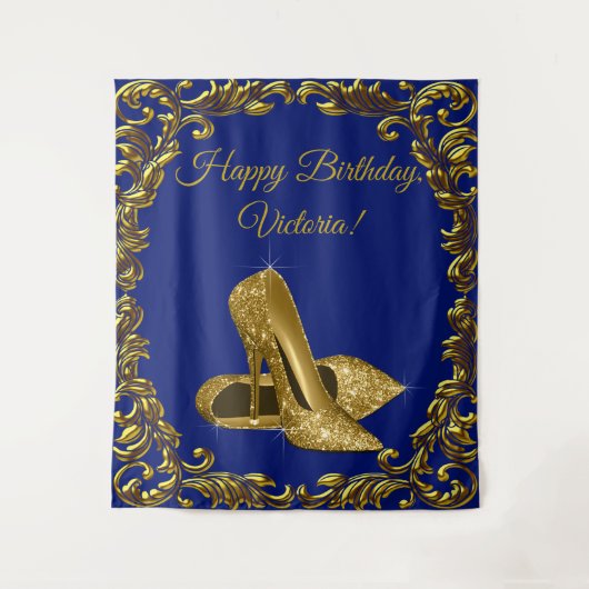 Koninklijk blauwe gouden schoen verjaardagsfeest L Wandkleed (Voorkant)