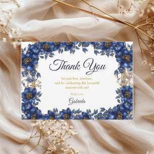 Koninklijk Blauwe Gouden Tiara Bloemige Quinceañer Bedankkaart