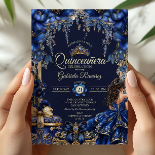 Koninklijk Blauwe Gouden Tiara Bloemige Quinceañer Kaart