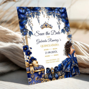 Koninklijk Blauwe Gouden Tiara Bloemige Quinceañer Save The Date