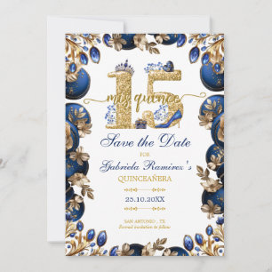 Koninklijk Blauwe Gouden Tiara Bloemige Quinceañer Save The Date