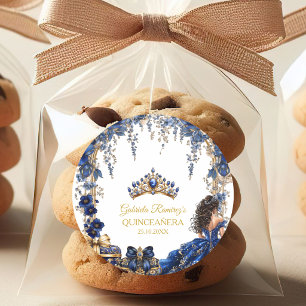 Koninklijk Blauwe Gouden Tiara Bloemrijke Quinceañ Ronde Sticker