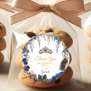 Koninklijk Blauwe Gouden Tiara Bloemrijke Quinceañ Ronde Sticker