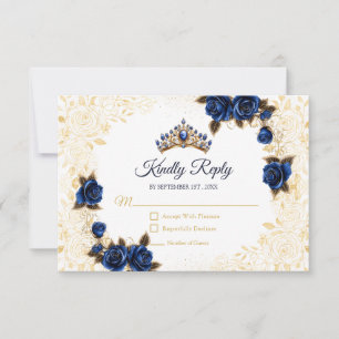 Koninklijk Blauwe Gouden Tiara Bloemrijke Roos Qui RSVP Kaartje