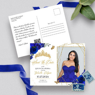 Koninklijk Blauwe & Gouden Tiara Quinceañera Foto Briefkaart