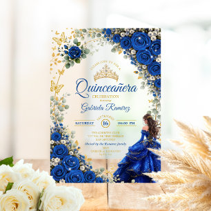Koninklijk Blauwe Gouden Vlinders Quinceañera Acryl Uitnodigingen