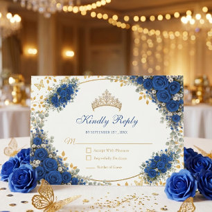 Koninklijk Blauwe Gouden Vlinders Quinceañera  RSVP Kaartje