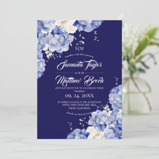 Koninklijk Blauwe Hortensia Bruiloft Kaart (Staand voorkant)