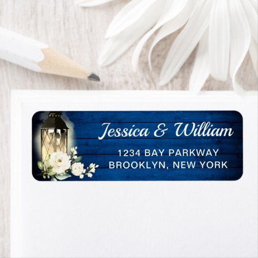 Koninklijk Blauwe Houten Witte Rozen Waterverf Lam Etiket (Insitu)