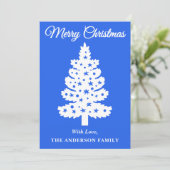 Koninklijk blauwe kerstboom met handgeschreven sch feestdagenkaart (Staand voorkant)