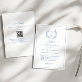 Koninklijk Blauwe Monogram Krans QR Code Bruiloft Kaart