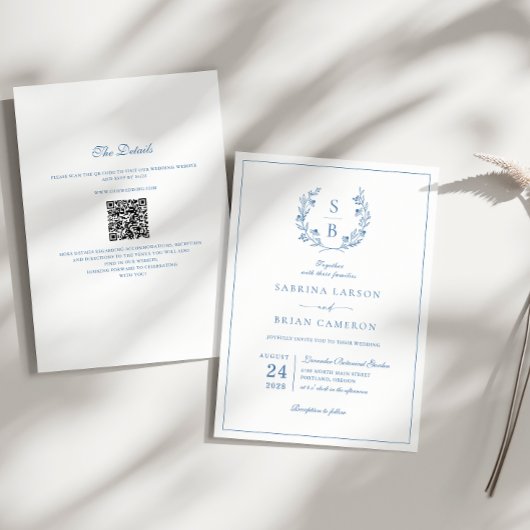 Koninklijk Blauwe Monogram Krans QR Code Bruiloft Kaart