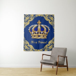 Koninklijk Blauwe Prins Kroon Baby Shower Achtergr Wandkleed