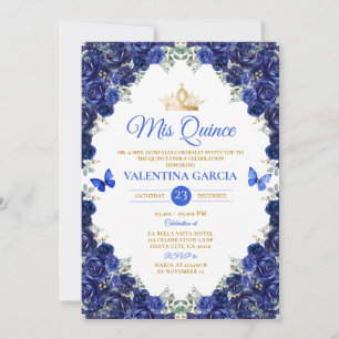 Koninklijk Blauwe Quinceañera 15 Jaar Bloemen Goud Kaart