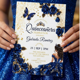 Koninklijk Blauwe Quinceañera Gouden Tiara Rozen  Kaart