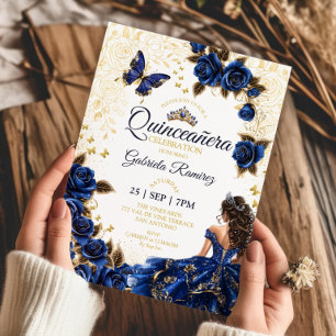 Koninklijk Blauwe Quinceañera Gouden Tiara Rozen  Kaart