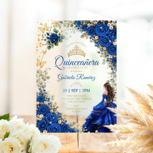Koninklijk Blauwe Quinceañera Gouden Vlinders  Acryl Uitnodigingen