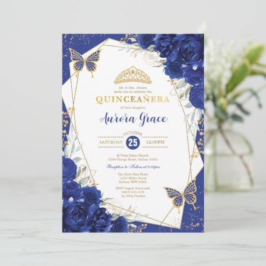 Koninklijk Blauwe Quinceañera Vlinders Mis Quince Kaart (Staand voorkant)