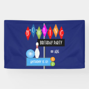 Koninklijk Blauwe Retro Bowling Verjaardagsfeestje Spandoek