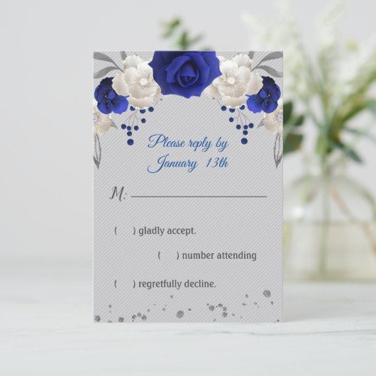 koninklijk blauwe roos witte bloemen grijze antwoo RSVP kaartje (Staand voorkant)