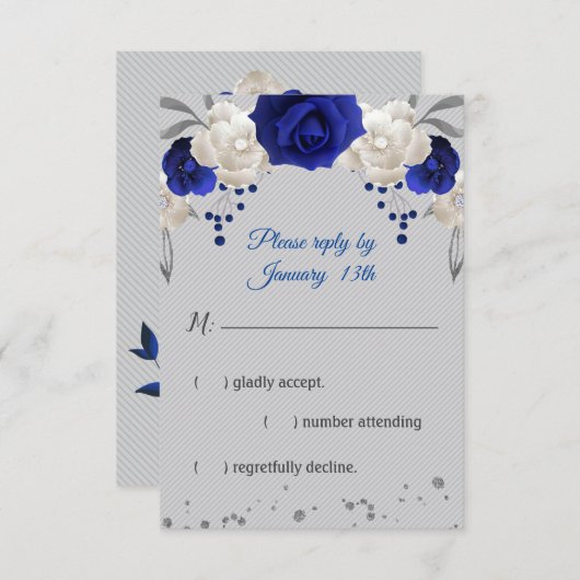 koninklijk blauwe roos witte bloemen grijze antwoo RSVP kaartje