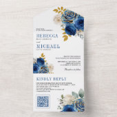 Koninklijk Blauwe Rozen Bloemencode QR Huwelijk All In One Uitnodiging (Binnen)