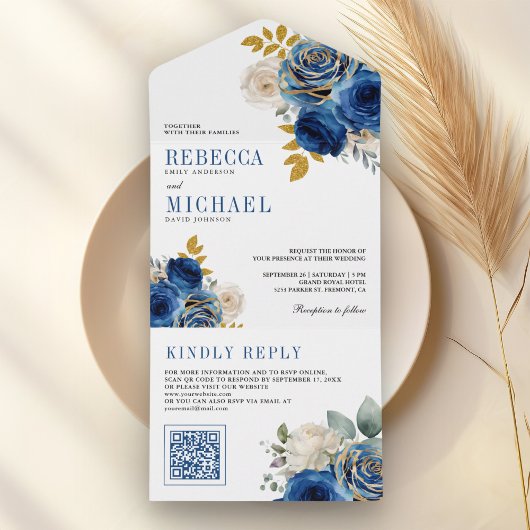 Koninklijk Blauwe Rozen Bloemencode QR Huwelijk All In One Uitnodiging
