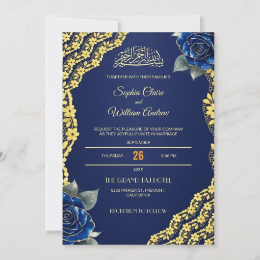 Koninklijk Blauwe Rozen Gouden Kant QR Code Bruilo Kaart (Voorkant)