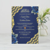 Koninklijk Blauwe Rozen Gouden Kant QR Code Bruilo Kaart (Staand voorkant)
