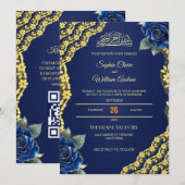 Koninklijk Blauwe Rozen Gouden Kant QR Code Bruilo Kaart (Voorkant / Achterkant)