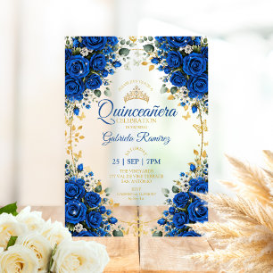 Koninklijk blauwe rozen Quinceañera gouden vlinder Acryl Uitnodigingen