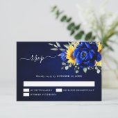 Koninklijk blauwe rustieke zonnebloem moderne bloe RSVP kaartje (Staand voorkant)